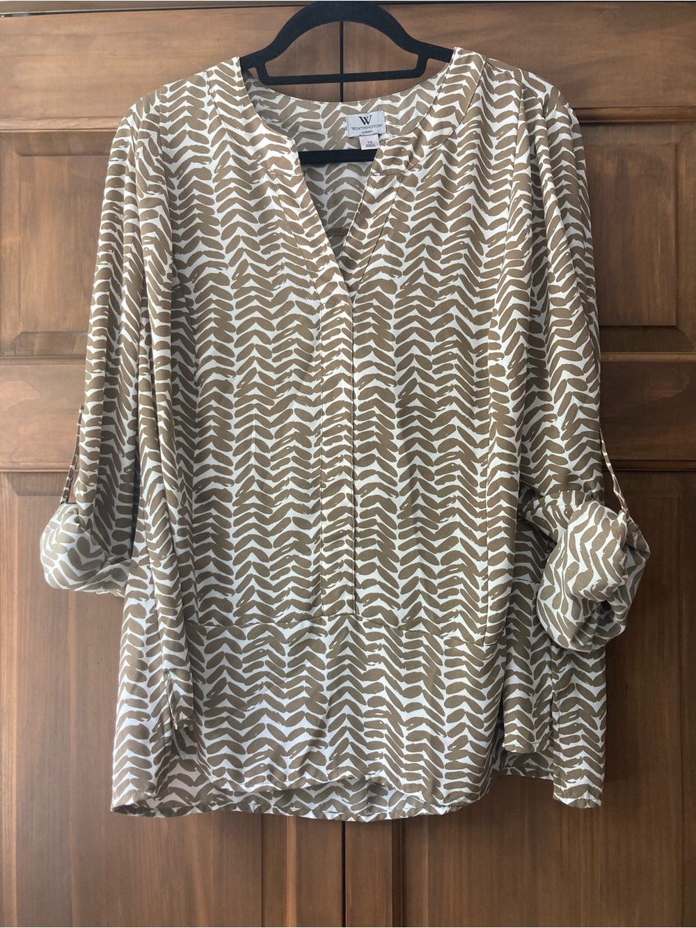 Worthington Semi Sheer Olive Brown & White 3/4 Roll Sleeve Top 1X